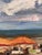 Beaches 9 by Jim Beckner | Oil on canvas board Beach scene with orange umbrellas and people. For Sale - Image 4 of 4