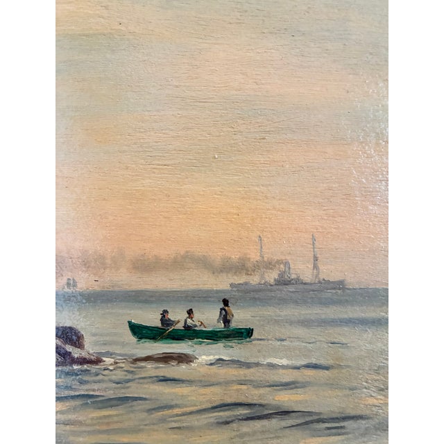 Sky Blue Antique Signed Sailing Ship Seascape Oil Painting For Sale - Image 8 of 13