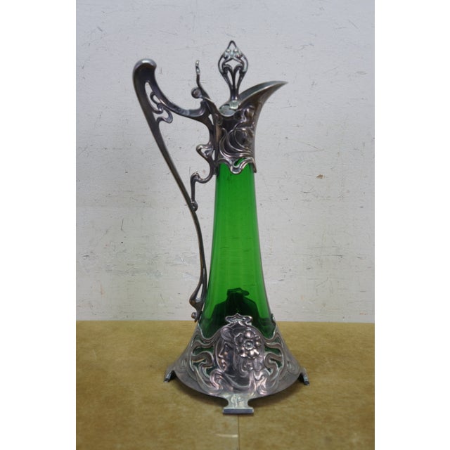 Antique Art Nouveau German WMF Green Glass Pewter Claret Pitcher Jug For Sale - Image 6 of 15