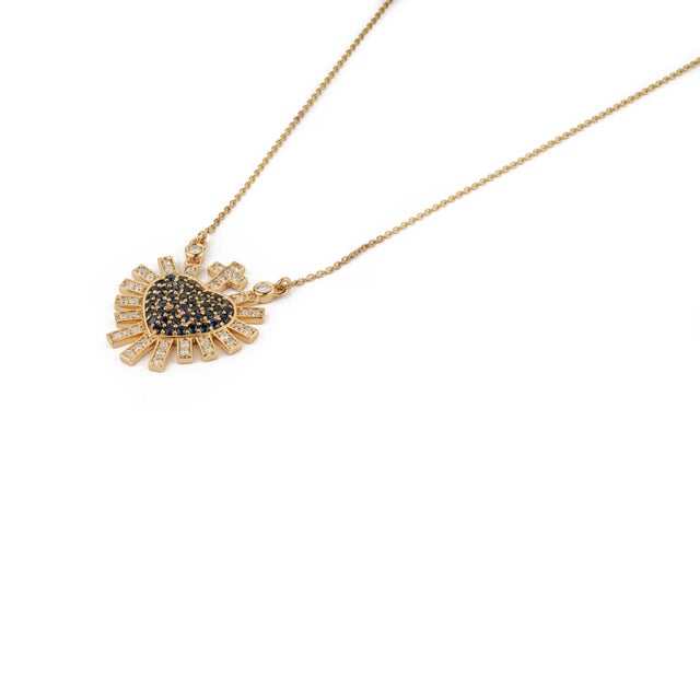 VR Jewels Blue Sapphire Diamond Sacred Heart Sunburst Pendant Necklace in 14k Yellow Gold For Sale - Image 4 of 16