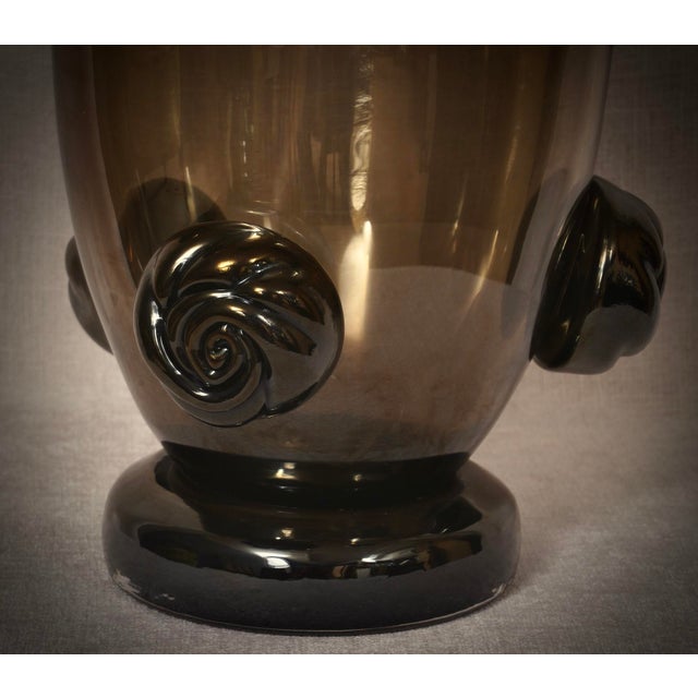 Stunning Murano glass vase. Note the beautiful hot-applied roses on the body of the vase. A superb smoky color with black...