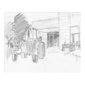 1980s John Reilly Farmyard and Tractor Drawing