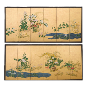 Pair of Japanese Meiji Screens Blossoms of Spring, Summer and Autumn