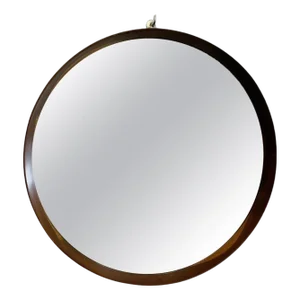 Mid-Century Modern Danish Round Wooden Brown Frame Mirror, 1960s