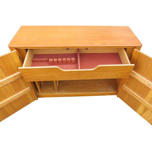 Tan Vintage Compact Oak Liquor Cabinet or Petite Sideboard With Rattan For Sale - Image 8 of 12