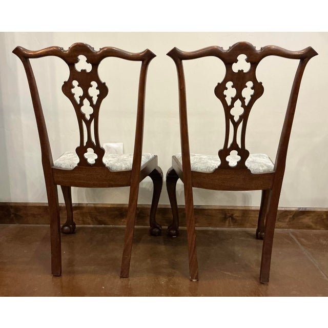 These chairs have all the design elements of classic Chippendale. The splat back features an intricate, open cutout...