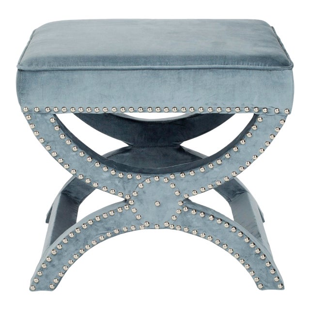 Studded Ottoman in Blue For Sale