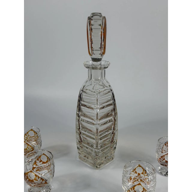 Art Deco Amber Overlay Cut Crystal Decanter & Cordial Glasses, 1930s, Set of 5 For Sale - Image 4 of 17