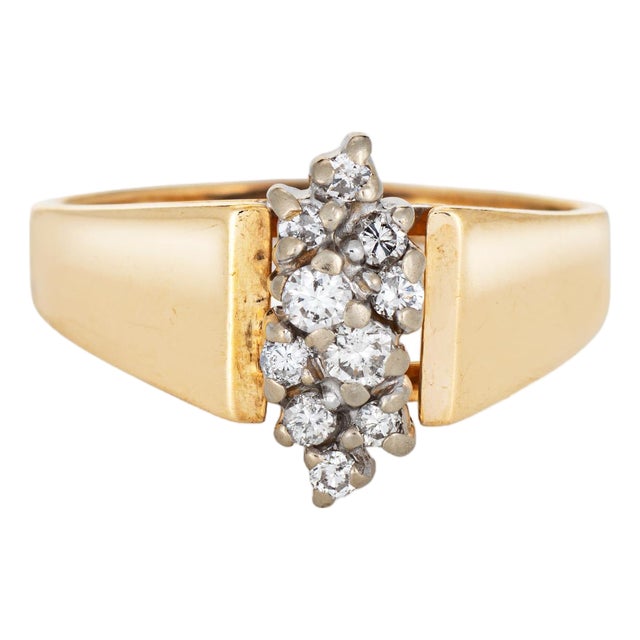 ​70s Diamond Cluster Ring Sz 6.75 Wide Band Vintage 14k Yellow Gold Fine Jewelry For Sale