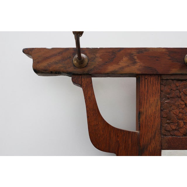 Art Nouveau Oak Coat Rack with Mirror and Floral Carvings, Belgium, 1910s For Sale - Image 6 of 12