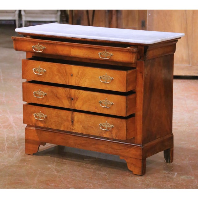 19th Century French Louis Philippe Walnut Commode Chest With White Marble Top For Sale In Dallas - Image 6 of 11