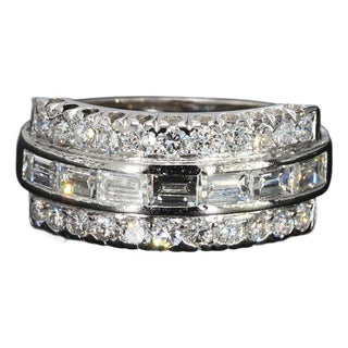 Vintage Platinum Three-Row Band With Round & Baguette Diamonds - Size 4.5 For Sale