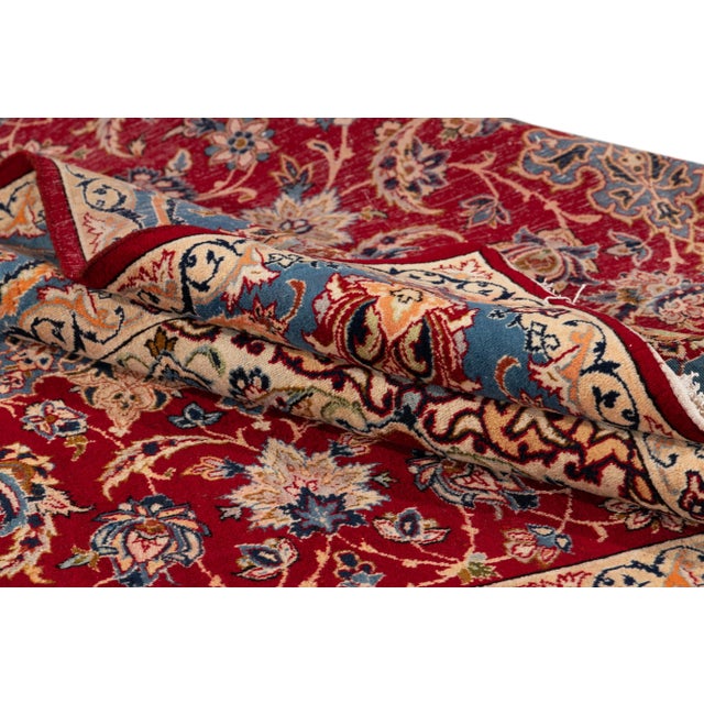 Vintage Persian Isfahan Handmade Red Floral Wool Rug For Sale - Image 4 of 10