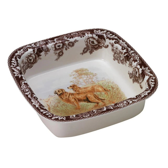 English Spode Woodland Dogs Square Rim Dish 10", Golden Retriever For Sale - Image 3 of 3