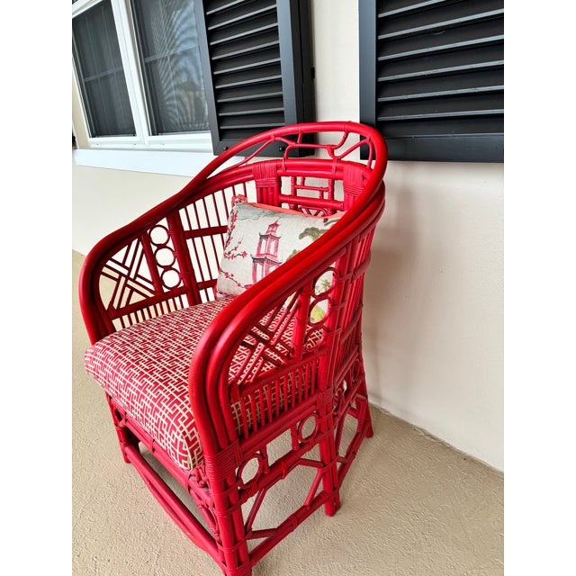 Contemporary Vintage Rattan Accent Chair Attributed to Brighton Pavilion, With Chippendale Lattice Fretting. Newly Upholstered in Coral Fabric. For Sale - Image 3 of 7