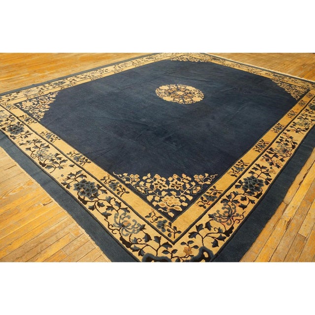 Chinese 1920s Navy Solid Medallion Antique Chinese Peking Rug Knotted Wool 10' X 12' 7" For Sale - Image 3 of 9