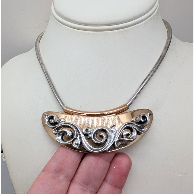 Napier Vintage 1975 Signed Napier Book Piece Goldtone & Rhodium Plated Bib Necklace For Sale - Image 4 of 8