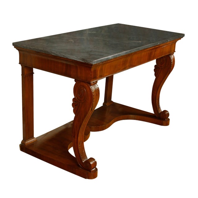 Walnut and gray marble Empire console, circa 1880. Carved legs with leaf curved design on front legs and reeded legs in back.