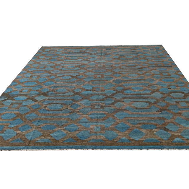 Modern Modern Geometric Kilim Handmade Room Size Blue Wool Rug For Sale - Image 3 of 11