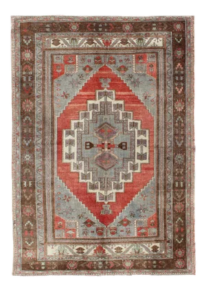 Red, Steel Blue, and Brown Vintage Turkish Oushak Rug With Layered Medallion