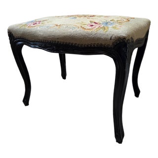 Antique French Louis XV Vanity Bench Ottoman With Floral Needlepoint For Sale