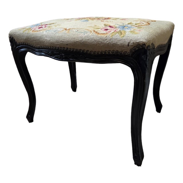 Antique French Louis XV Vanity Bench Ottoman With Floral Needlepoint For Sale