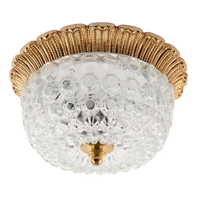 Mid-Century Round Ceiling or Wall Lamp in Textured Glass with Gilt Rim from Limburg, Germany, 1970s For Sale