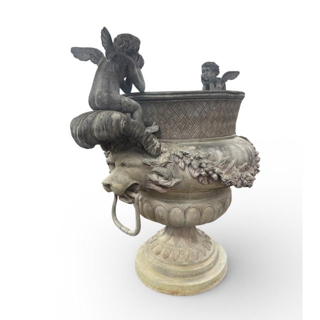 1970s Pair of Monumental Neoclassical Bronze Cherub Urn Planters For Sale - Image 4 of 10