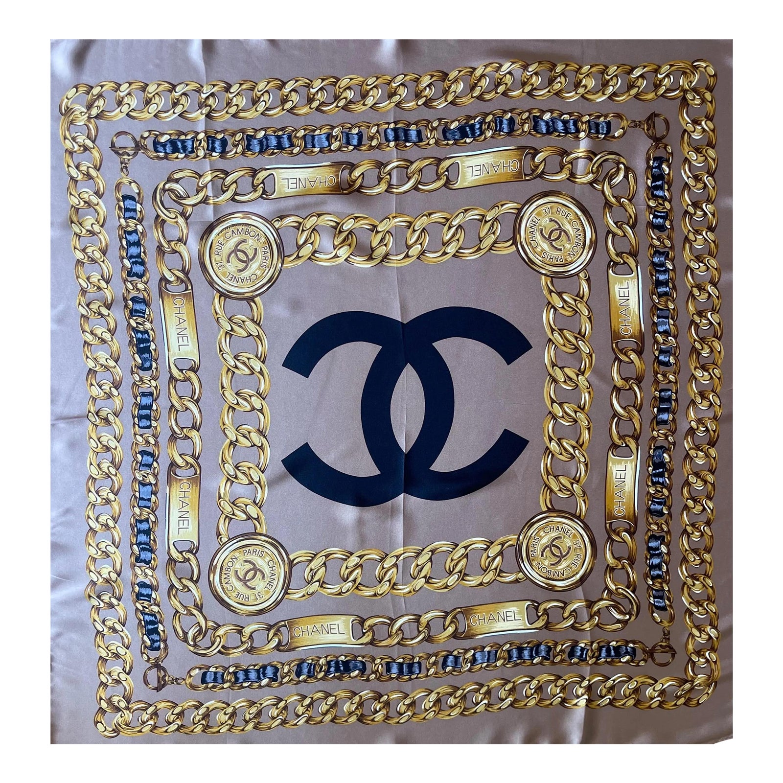 Chanel Grey Chain Silk Scarf | Chairish