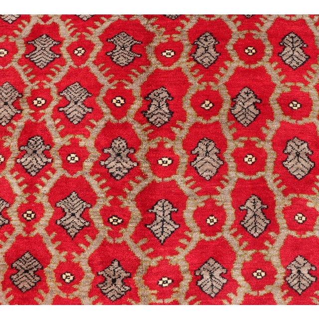 Red Vintage Turkish Tulu Rug With a Modern Design in Red Background For Sale - Image 8 of 13
