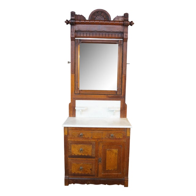 Antique Late Victorian Eastlake Walnut Marble Top Washstand Mirrored Commode 82" For Sale