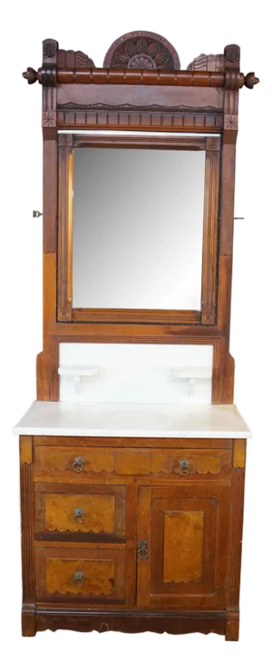 Antique Late Victorian Eastlake Walnut Marble Top Washstand Mirrored Commode 82"