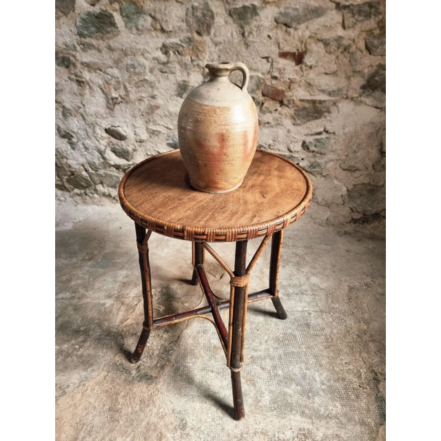 Mid-Century Round Bamboo and Wood Side Table, 1960s For Sale - Image 9 of 11