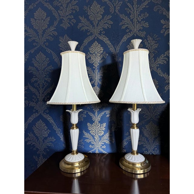Brass Vintage Lenox Porcelain & Brass Table Lamps - A Pair For Sale - Image 8 of 12
