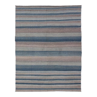 Flat-Weave Modern Kilim Rug With Stripes in Shades of Blue Lt. Green and Taupe For Sale