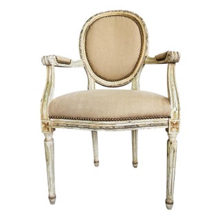 Antique Upholstered Medallion Back Louis XVI Armchair For Sale