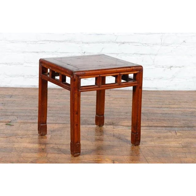 Vintage Chinese Red Lacquer Side Table with Open Apron & Carved Scrolling Feet For Sale - Image 4 of 13