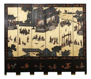 Chinese Export Six Panel Coromandel Screen Gilt Courtyard