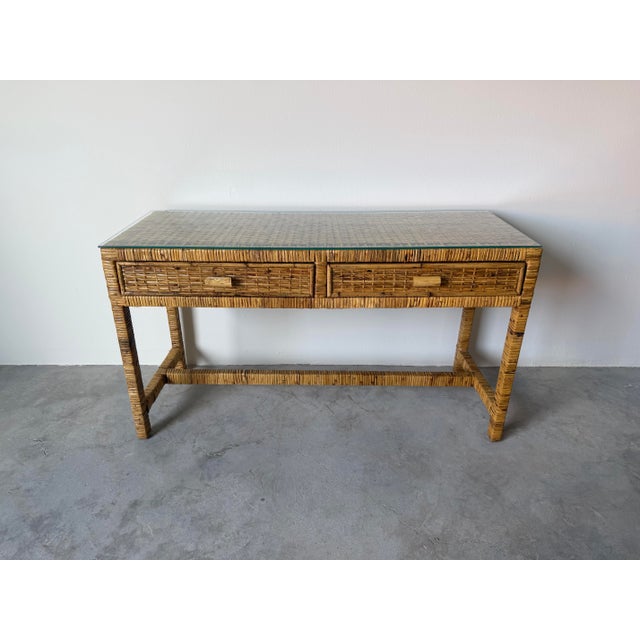 Vintage Palm Beach Regency Coastal Rattan Console Table With Glass Top/ Sold For Sale - Image 4 of 12