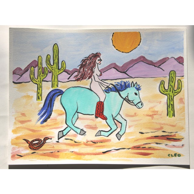 American Surrealist Nude Landscape Flowers Dog Poodle Green Blue Orange White Pop Art Americana Original Painting by Cleo Plowden For Sale - Image 3 of 6