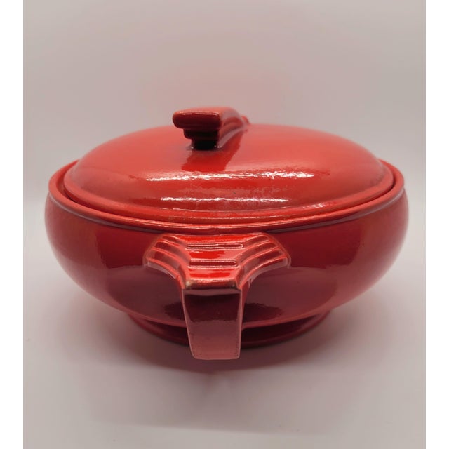 Art Deco Vintage Red Hall Pottery Art Deco Sundial Covered Casserole Dish For Sale - Image 3 of 16