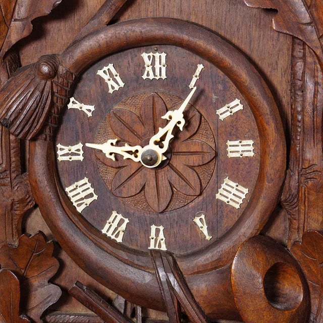 Wood Antique Black Forest Carved Cuckoo Clock With Stag Head on Top For Sale - Image 7 of 8
