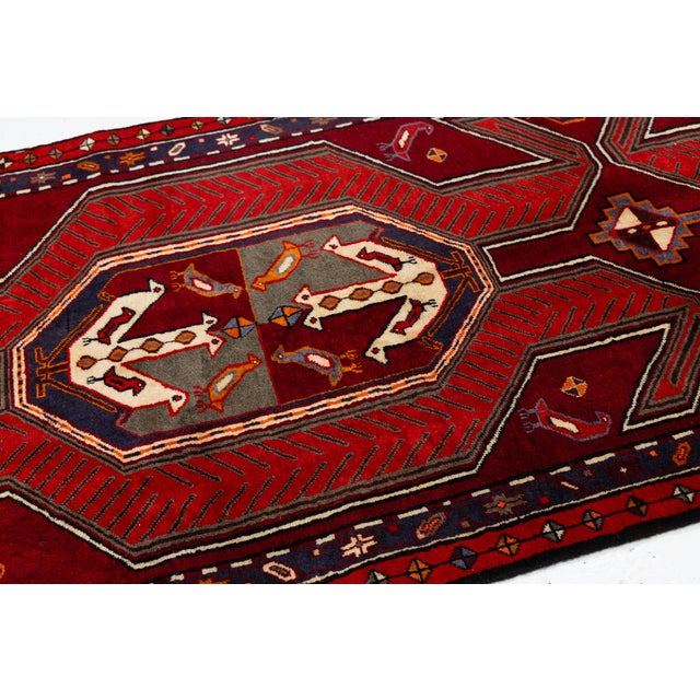 Textile Mid-20th Century Caucasian Kazak Runner With Bird Motifs and Geometric Medallions in Crimson and Navy For Sale - Image 7 of 9