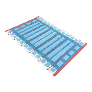 Handmade Cotton Flat Weave Area Rug, Sky Blue, Cream and Red Geometric Dhurrie - 6'x9' For Sale