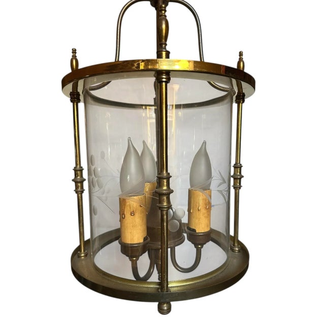 Mid-Century Modern Mid 20th Century Brass Chandelier With Etched Glass For Sale - Image 3 of 5