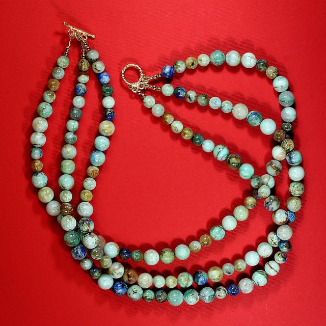 2020s Ajd 17 Inch Three Strand Chrysocolla and Azurite Necklace For Sale - Image 5 of 5