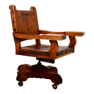 1950s Spanish Colonial Mexican Mahogany Leather Office Rolling Chair Francisco Artigas For Sale