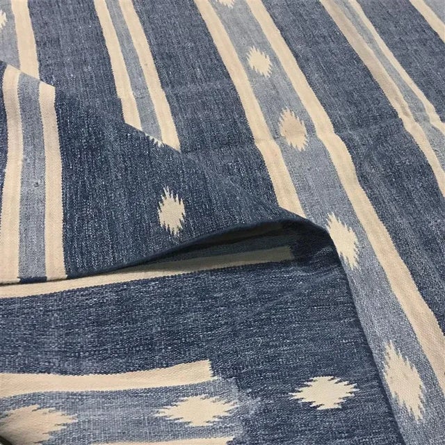 1950s Vintage Dhurrie Runner Rug in Blue With Cream White Stripes | Rug & Kilim For Sale - Image 5 of 5