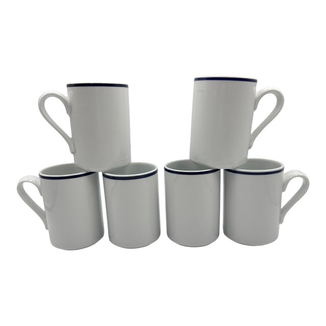 1980s Dansk Bistro Christianshavn Blue Stripe Coffee Tea Mugs, Portugal- Set of 6 For Sale