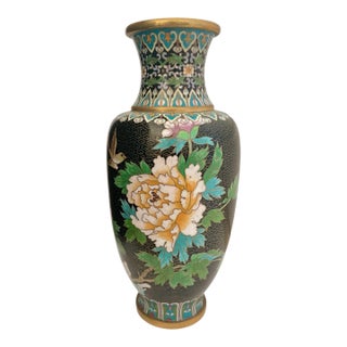 Vintage Jingfa Cloisonné Vase Featuring Peonies and Birds 10 Inches For Sale